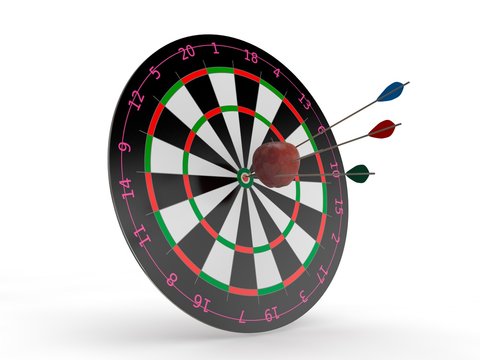 the image of the target for Darts and Apple in the center with the arrows hit the target. The image on a white background. 3D rendering. The idea of success and good luck.