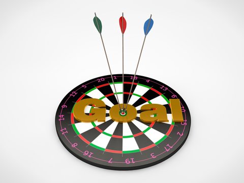 the image of the target for javelins and arrows hit the target , with the Golden text of the Goal. The image on a white background. 3D rendering. The idea of success and good luck.