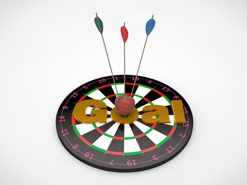 the image of the target for javelins and arrows hit the target in the bull's-eye, with the Golden text of the Goal. The image on a white background. 3D rendering. The idea of success and good luck.