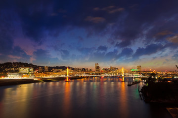 Portland OR City Skyline by Tilikum Crossing at night