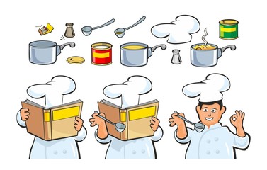 Chef preparing soup and reading recipe cookbook.