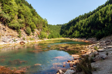 A beautiful shallow lake in a small canyon surrounded by forest and trees