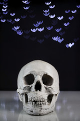 Minimal white plaster skull on blurry purple bat light bokeh background