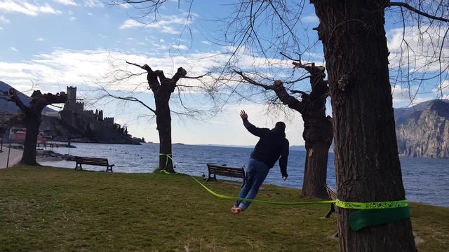 italy, Garda Lake - tightrope walker at the lake, rehearsals of a show