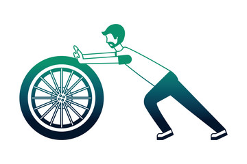 young man pushing tire car isolated icon