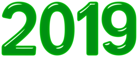 Inscription 2019 from green glass or plastic, isolated on white background, 3d render