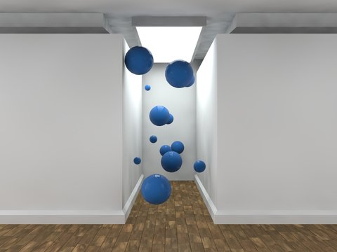 the image of an empty corridor lit by a rectangular light with white walls and a lot of flying balls blue. a stylized image on white background. 3D rendering