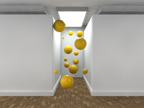 the image of an empty corridor lit by a rectangular light with white walls and a lot of flying balls yellow. a stylized image on white background. 3D rendering