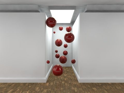 the image of an empty corridor lit by a rectangular light with white walls and a lot of flying red balls. a stylized image on white background. 3D rendering