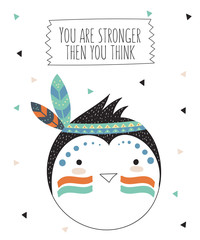 Vector indian tribal penguin face with motivational slogan