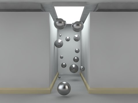 the image of an empty corridor lit by a rectangular light with white walls and a lot of flying silver balls. a stylized image on white background. 3D rendering