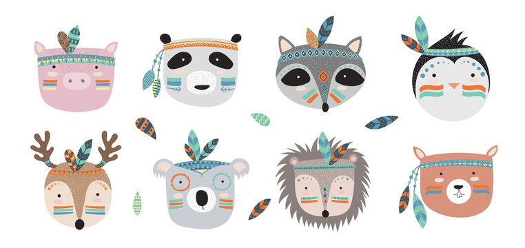 Vector indian tribal animals faces collection