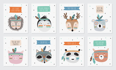 Vector collection of postcards with indian tribal animals faces with motivational slogan