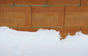 Mauerwerkswand mit Schnee auf Rohbau Baustelle im Winter