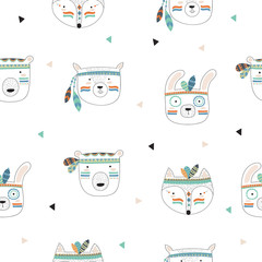 Vector seamless pattern with indian tribal animals faces