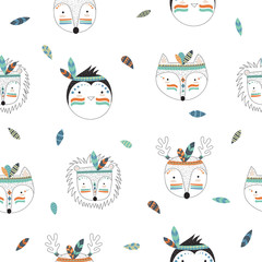 Vector seamless pattern with indian tribal animals faces