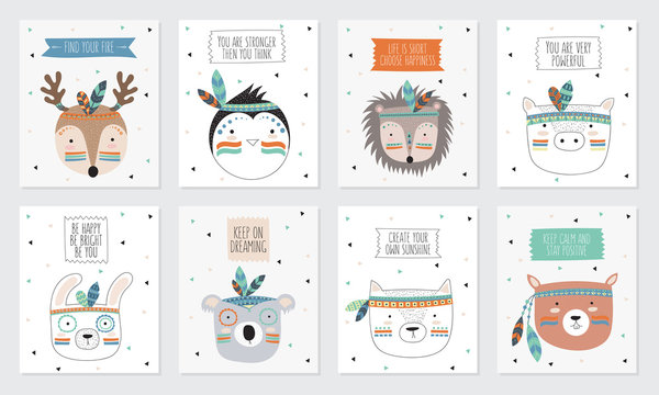 Vector collection of postcards with indian tribal animals faces with motivational slogan