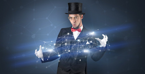 Magician with blue background and geometrical connection between two hands