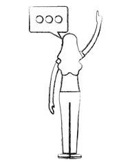back view woman character speech bubble vector illustration hand drawing