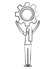 back view woman holding gear work vector illustration hand drawing