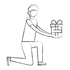 man on the knee  holding  gift box vector illustration hand drawing
