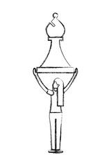 back view woman holding chess piece bishop vector illustration hand drawing