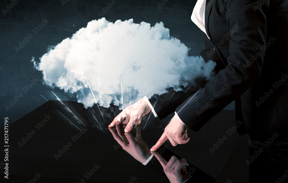 Poster male hands touching interactive table with a white cloud on it