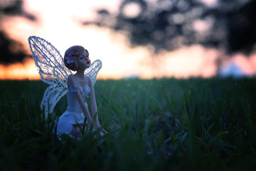 image of magical little fairy in the forest at sunset.