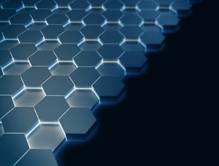 Blue Hexagon 3d pattern glowing in the dark with copyspace