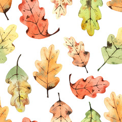 Pattern with watercolor oak leaves.