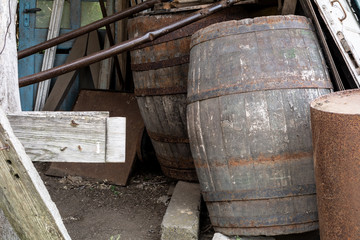 Old wooden barrels for wine in the backyard