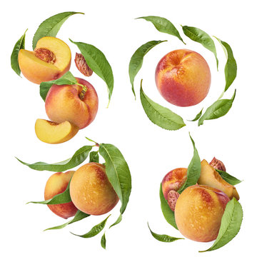 Set with peaches, exclusive collage with flying peaches. High resolution image