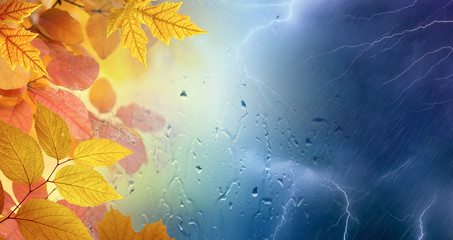 Obraz na płótnie Canvas Fall rainy day, yellow and orange leaves, powerful lightnings in dark stormy sky