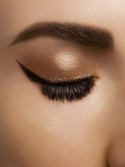 Beautiful macro shot of female eye with extreme long eyelashes and smoky makeup. Perfect eyebrows...