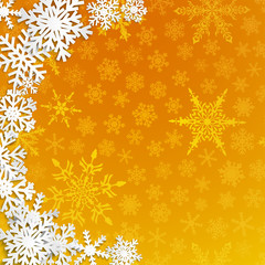 Christmas illustration with semicircle of big white snowflakes with shadows on yellow background