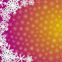 Christmas illustration with semicircle of big white snowflakes with shadows on purple and yellow background