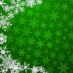 Christmas illustration with semicircle of big white snowflakes with shadows on green background