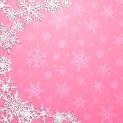 Fototapeta na wymiar Christmas illustration with semicircle of big white snowflakes with shadows on pink background