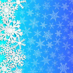 Christmas illustration with big white snowflakes with shadows on light blue background