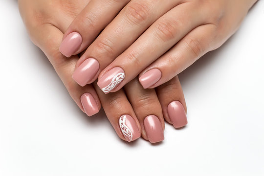 light pink manicure with white painting, stripes, abstraction on nameless nails on long square nails
