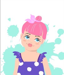 Cute girl with pink hair. Vector cartoon illustration