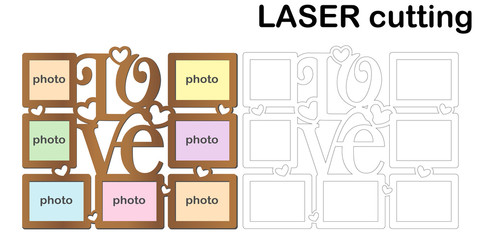 Frame for photos with inscription 'Love' for laser cutting. Collage of photo frames. Template laser cutting machine for wood and metal. The perfect gift for St. Valentine's Day.