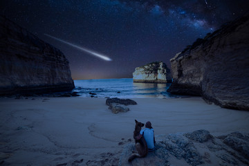 Man with dog looking at Milky Way on the beach © marcin jucha