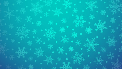 Fototapeta na wymiar Christmas illustration with various small snowflakes on gradient background in light blue colors