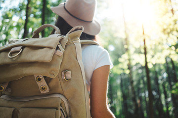 Back view on handsome traveler hipster girl with backpack and hat walking in forest among trees