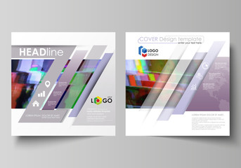 Business templates for square design brochure, flyer, report. Leaflet cover, abstract vector layout. Glitched background made of colorful pixel mosaic. Digital decay, signal error, television fail.