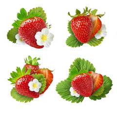 Fresh juicy strawberry with green leaves isolated