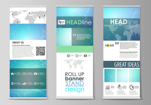 Roll up banner stands, geometric design templates, vertical vector flyers, flag layouts. Chemistry pattern, connecting lines and dots, molecule structure, medical DNA research. Medicine concept.