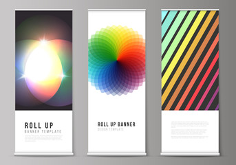 Fototapeta premium The vector illustration of the editable layout of roll up banner stands, vertical flyers, flags design business templates. Abstract colorful geometric backgrounds in minimalistic design to choose from