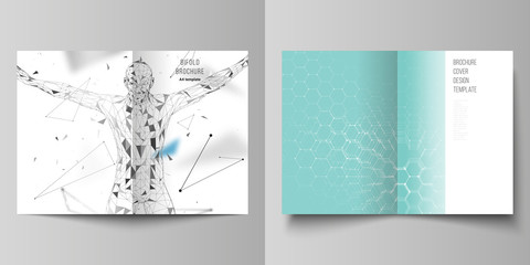 The vector layout of two A4 format cover mockups design templates for bifold brochure, flyer, report. Technology, science concept. Molecule structure, connecting lines and dots. Futuristic background